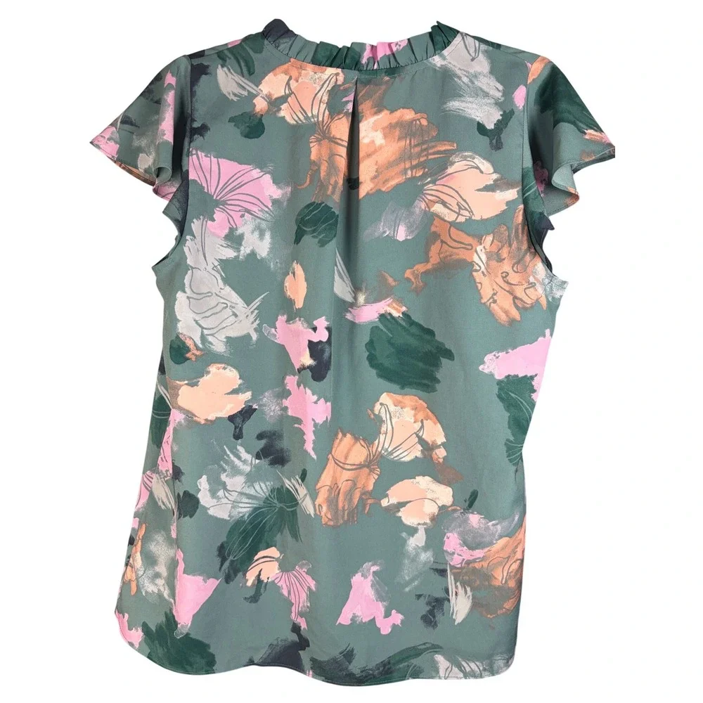 Nine West Womens Blue, Pink, and Orange Abstract Ruffle Neck Blouse Top Small - Picture 5 of 6